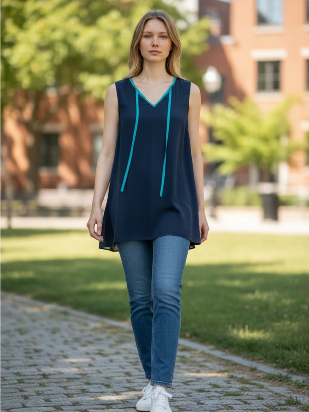 TRISTAN Sleeveless Navy V-Neck Tunic with Teal Trim - Women's Top size large